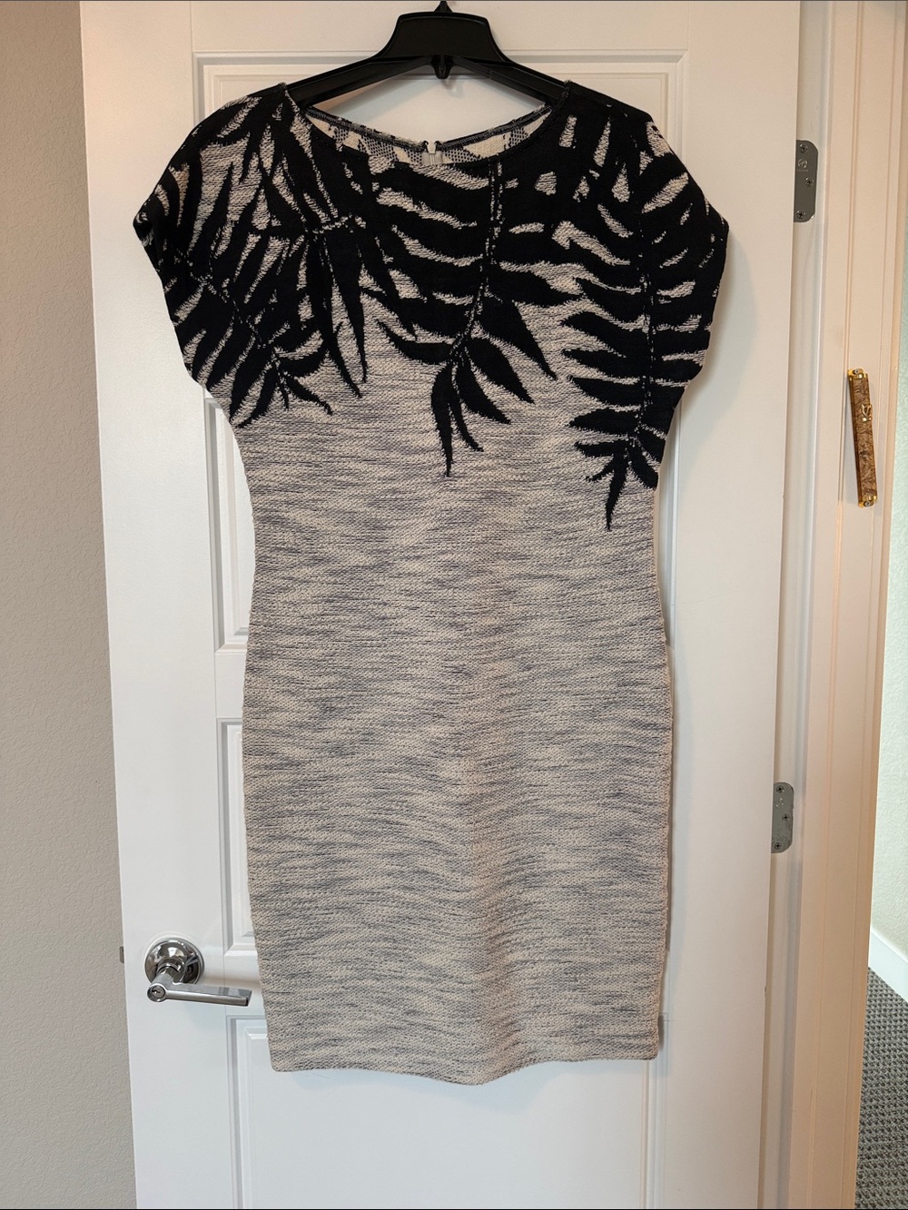 St. John Black and Cream Knit Palm-Print Midi Dress